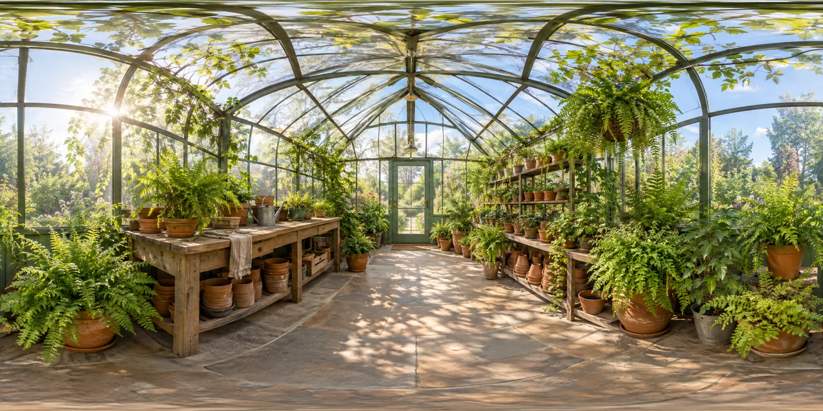 Generated greenhouse panorama with ferns, terracotta pots and a wooden bench under a glass roof.